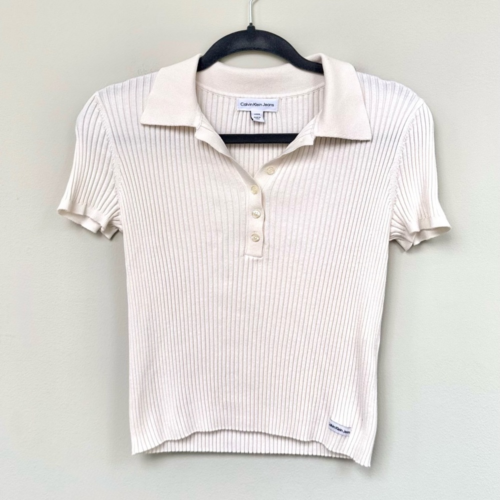 Calvin Klein Jeans Cream Ribbed Cap-Sleeve Polo Shirt